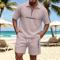 thumbnail image 2 of Men Solid Waffle Knit 2 Piece Set,Zip Neck Polo With California Letter Print & Drawstring Shorts Summer Casual Outfit Khaki L, 2 of 4