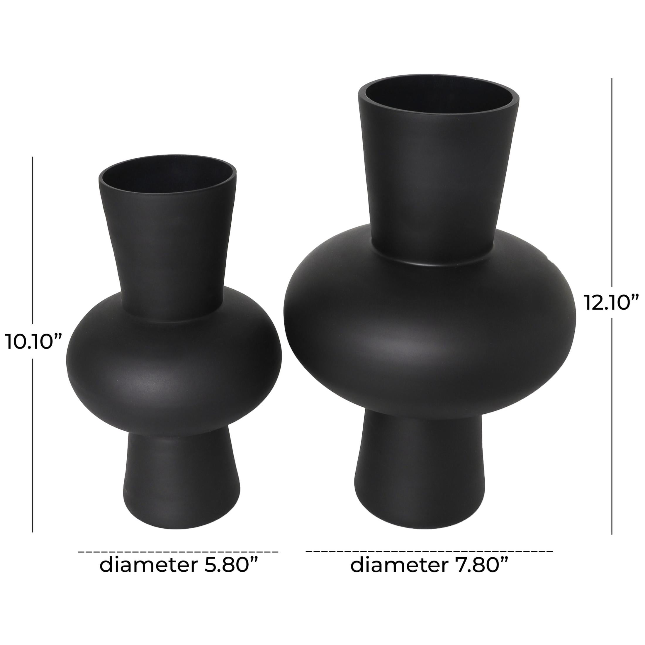 DecMode 12", 10"H Trumpet Black Glass Vase with Wide Rounded Center, Set of 2