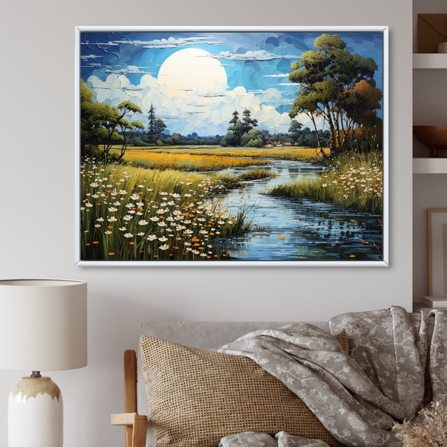 Designart Large Countryside framed wall Art, Countryside Calm Pond Landscape , Countryside framed wall art decor, Green Country White Framed Wall Art, 32x16 inches White Color Frame