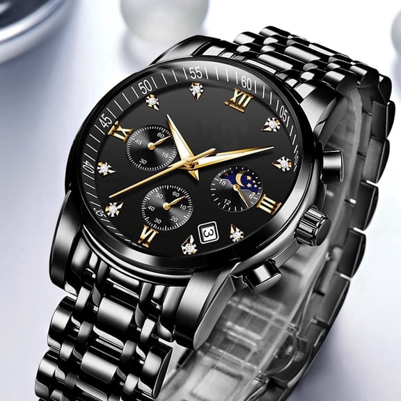 DESIGNICE Watches for Men Luxury Dress Casual Analog Quartz Gold Plated Stainless Steel Chronograph Moon Phase Waterproof Luminous Date Business Mens Wrist Watches