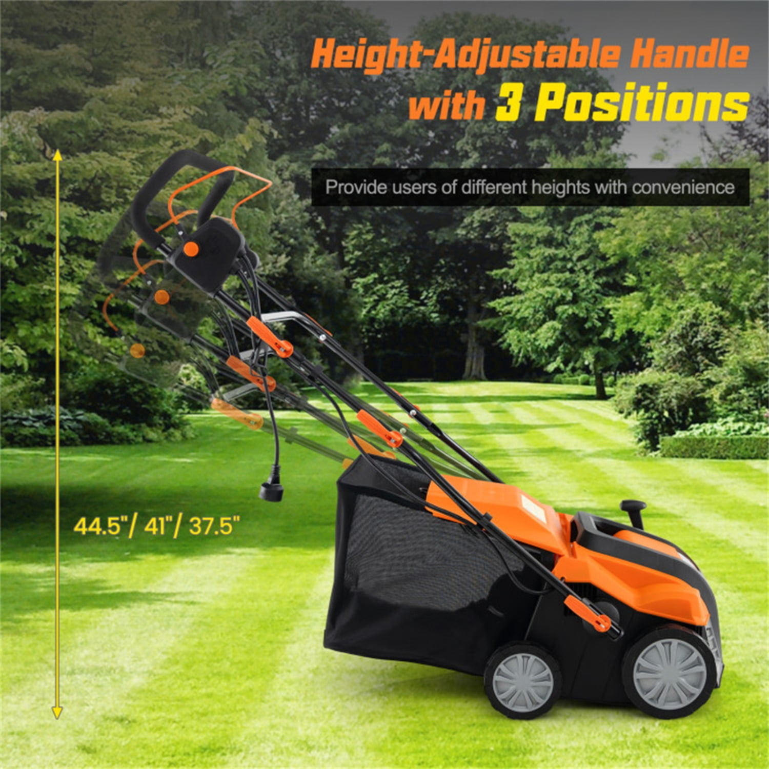 Corded Electric Lawn Dethatcher with 16-Inch Cutting Width, Wear-Resistant Wheels & Large Removable Grass Bag for Home Lawn - Orange