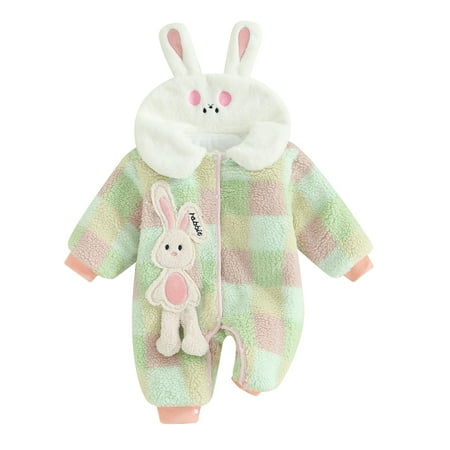 

Baby Girl Long Sleeve Rabbit Embroidery Button Up Plush Plaid Jumpsuit
