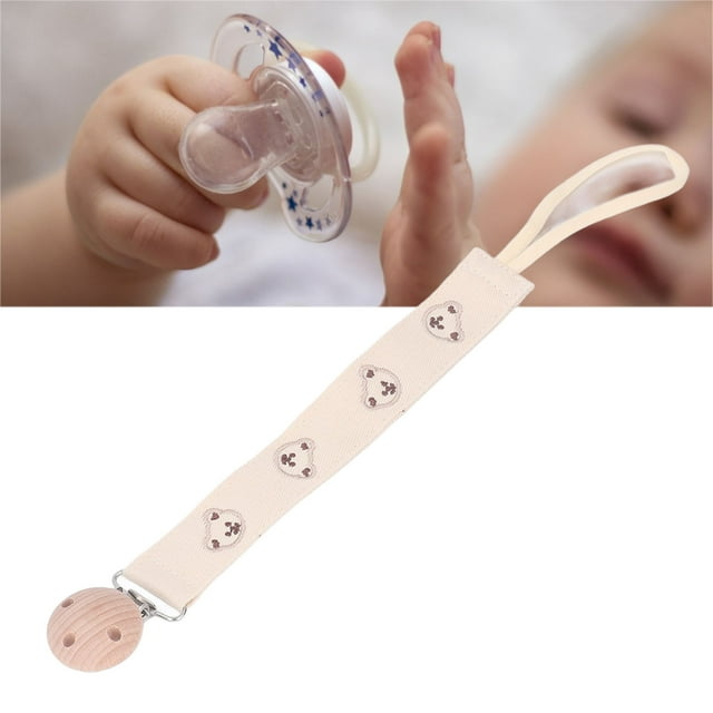 Pacifiers Holder Strap with metal buckle and cloth material featuring a bear design. This multicoloured pacifier clip is easy to wear, firmly fixes the pacifier to prevent falling, and keeps it clean. Ideal for outdoor use and safe for babies to chew.