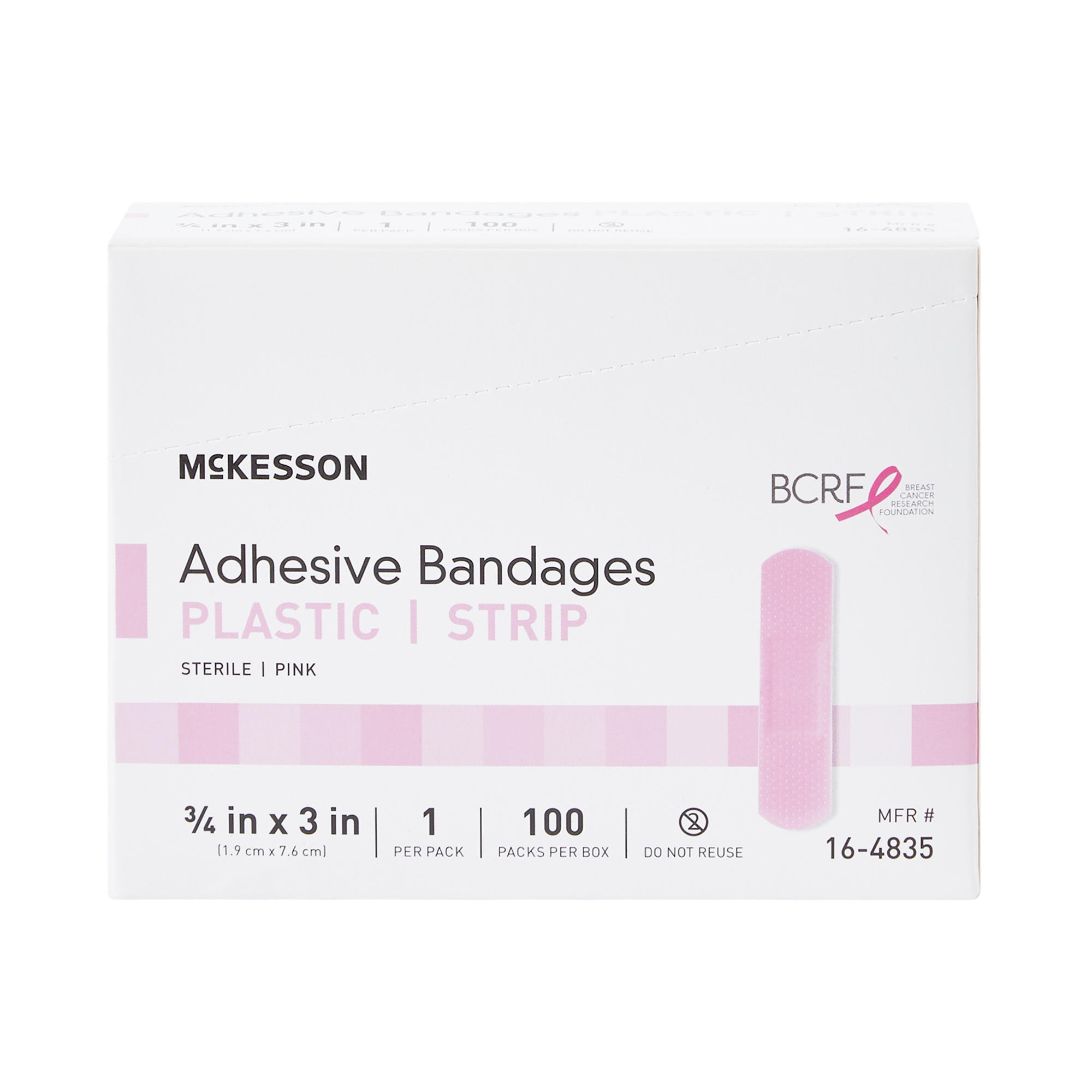 McKesson Adhesive Bandages, Plastic Strips - Pink, Breast Cancer Awareness, 100 Count, 24 Packs, 2400 Total