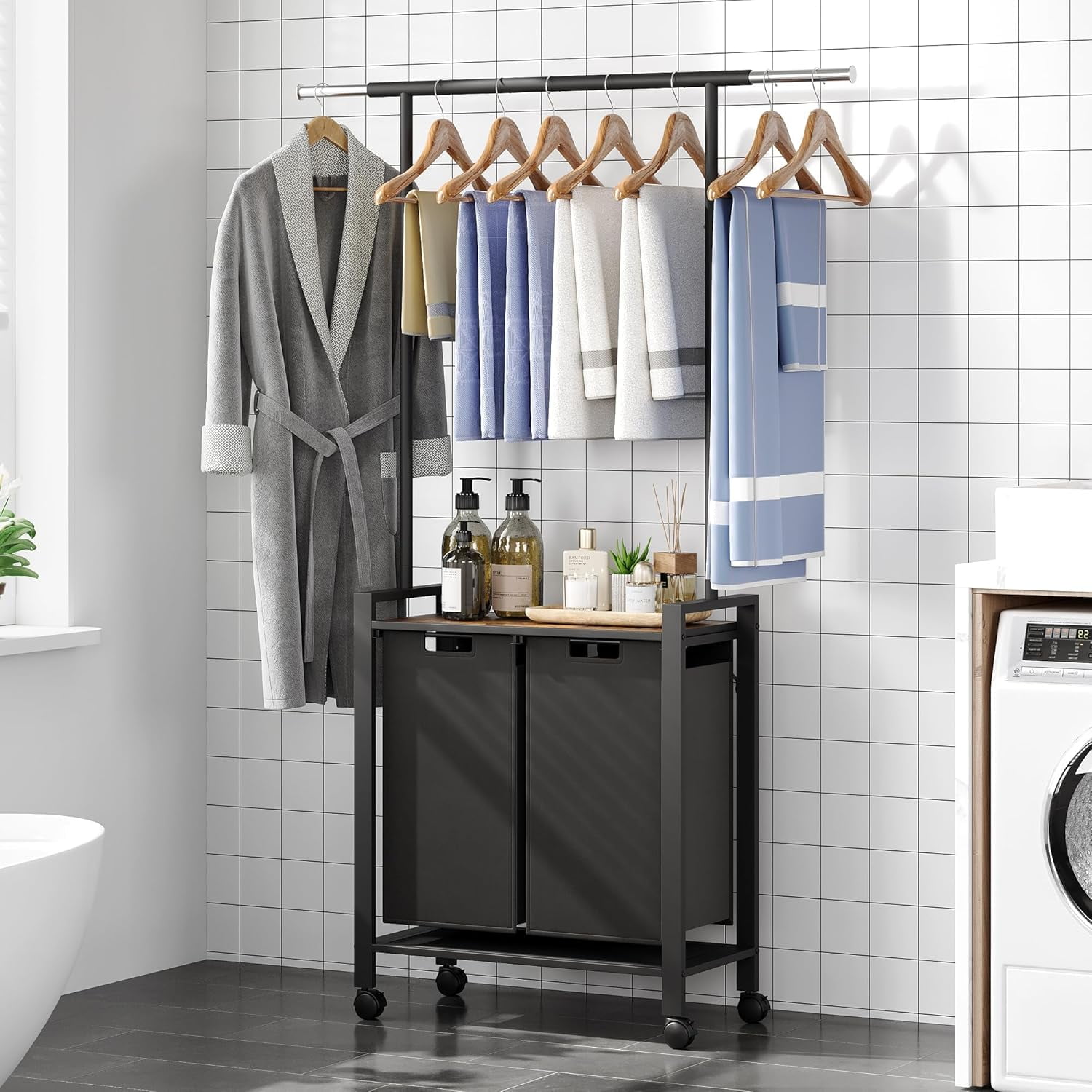 Laundry Hamper Sorter with Retractable Hanging Rod & Locking Wheels - Heavy Duty Laundry Room Organizer with Shelf，2 Hamper