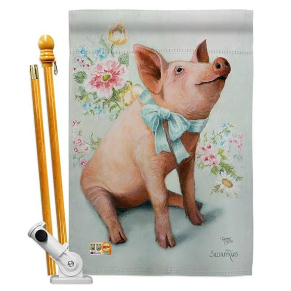 Breeze Decor BD-FA-HS-110097-IP-BO-D-US16-AL 28 x 40 in. Pigglet Nature Farm Animals Impressions Decorative Vertical Double Sided House Flag Set with Pole Bracket & Hardware