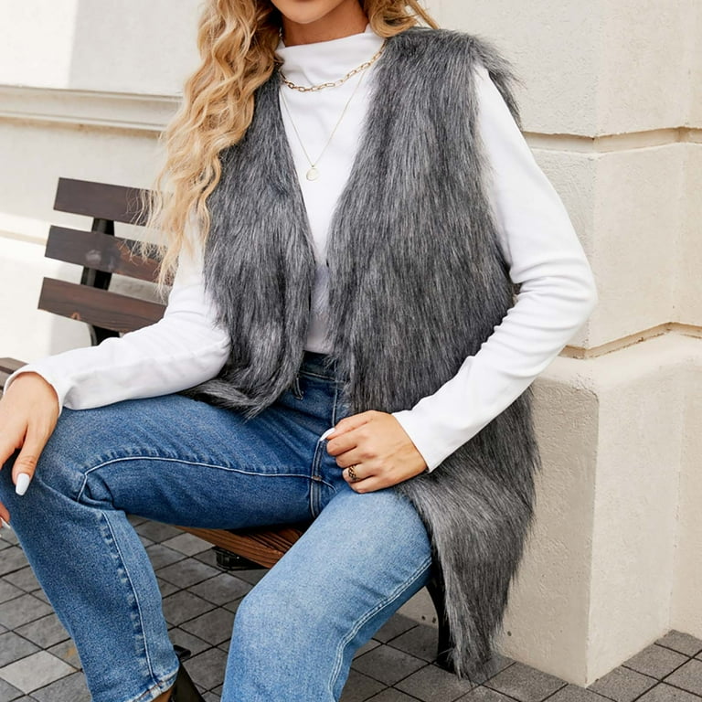 gbyLJF Womens Faux Fur Vest Winter Warm Short Coat Fluffy Shaggy Sleeveless Jacket Lounge Fuzzy Outerwear Dark Gray XL