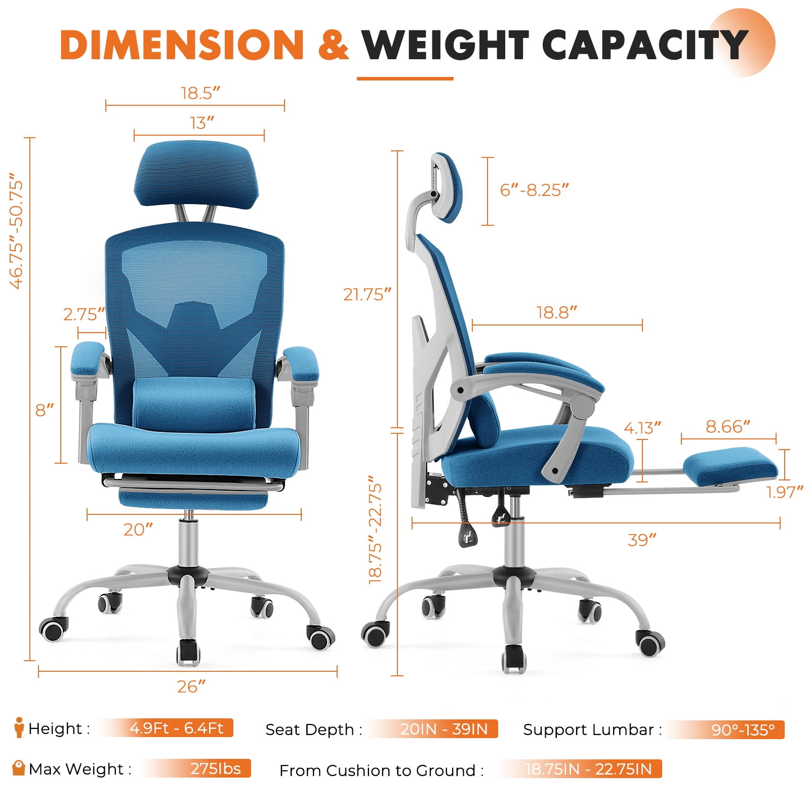 CONCETTA Ergonomic Mesh Office Chair, High Back Swivel Chairs with Adjustable Lumbar Support, Headrest, Footrest, and Armrests, Blue