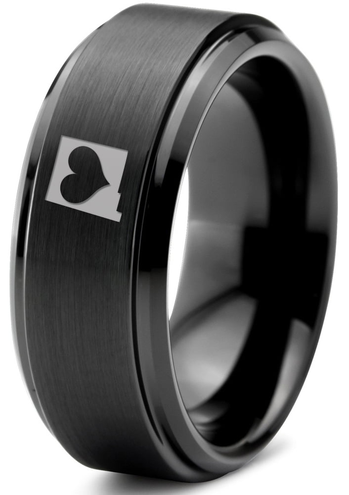 Tungsten New Mexico The Land of Enchantment State Heart Band Ring 8mm Men  Women Comfort Fit Black Step Bevel Edge Brushed Gray Polished