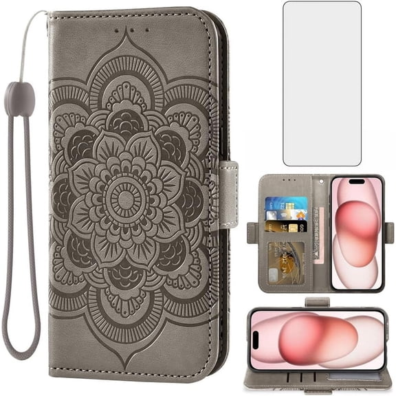 Compatible with iPhone 15 6.1 inch Wallet Case and Tempered Glass Screen Protector Leather Flip Credit Card Holder Stand Cell Phone Cover for iPhone15 5G i i-Phone i15 15Case Women Men Gray