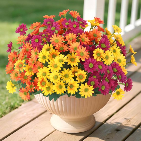 Artificial Mums Flowers for Outdoors 6 Bundles Fake Yellow Orange Daisy Faux Silk Floral Plants Look Real Decoration for Outside Indoor Planter Home Garden Front Door Porch Spring Summer Decor