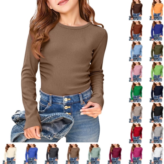 Bmisegm Girls T Shirts Girls Long Sleeve Ribbed Stretch Tee Slim Fit Casual Basic Top Comfortable Kids Shirt Ages 4-12Y Girls' Tops Tees & Blouses Coffee,11-12 Years