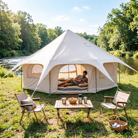 LuckyNote 600D Oxford Bell Tent 14.8ft x 9.2ft with Stove Jack, Large Family Camping Tent for Glamping & Outdoor, Khaki