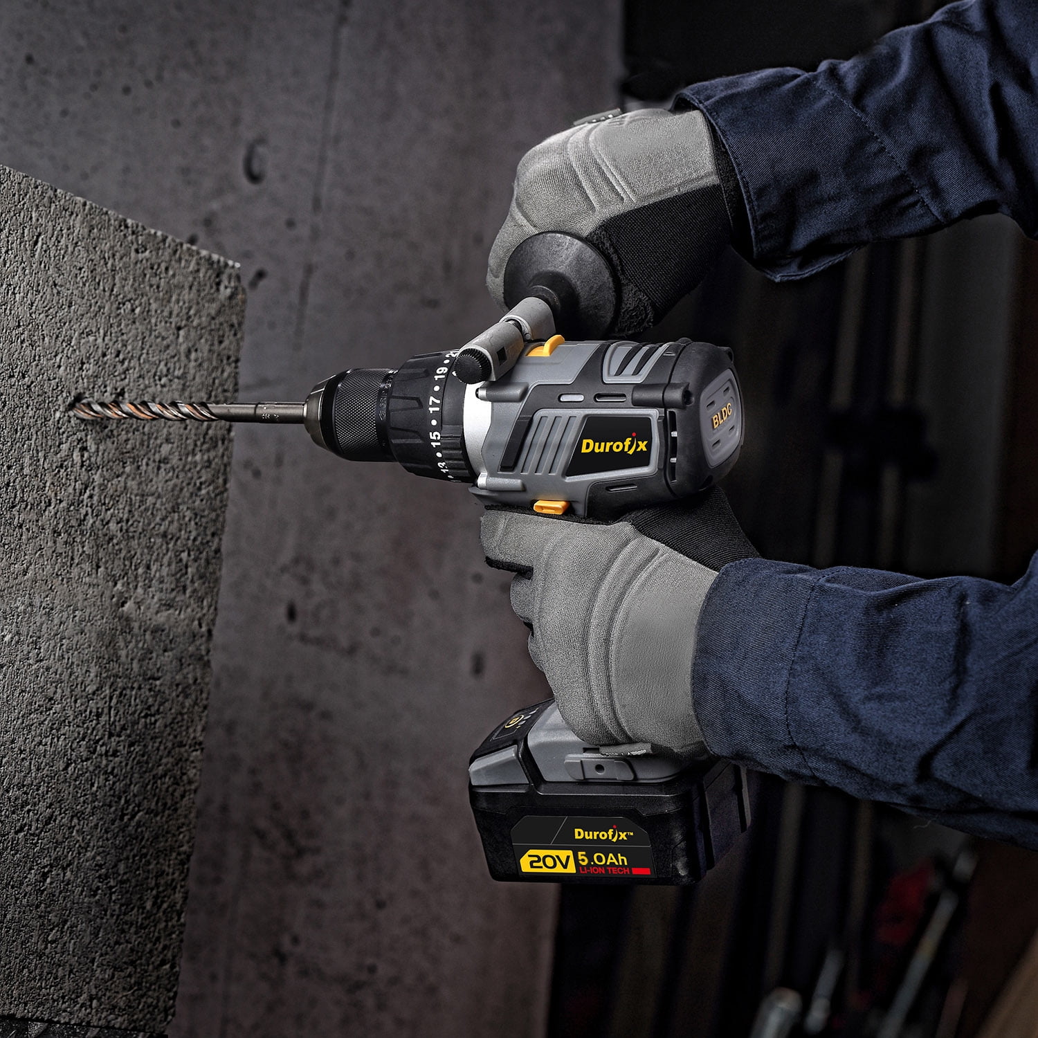 Durofix Li-ion 20V BRUSHLESS 2-speed Jumbo Hammer Drill, Max 900 in-lbs, 30,000 BPM, 5.0Ah x2, Charger & Case, RK20118-LB
