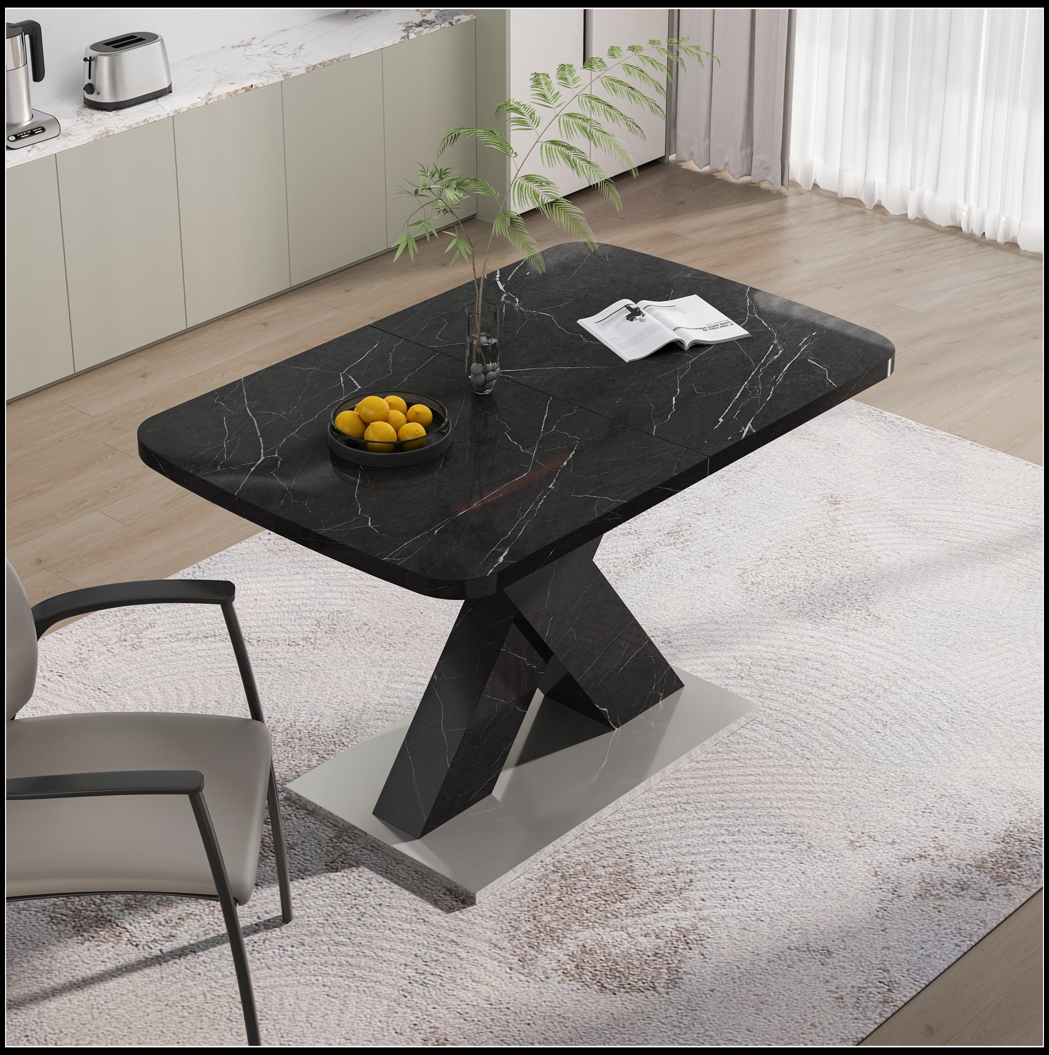 Modern Square Dining Table,Stretchable,Printed Black Marble Table Top+MDF X-Shape Table Leg with Metal Base