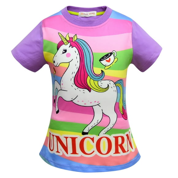 Summer New Girls Short-Sleeved Unicorn Unicorna Children'S Clothing Children'S T-Shirt Small And Medium-Sized Children European Girls T-Shirt 3387 3387 Purple