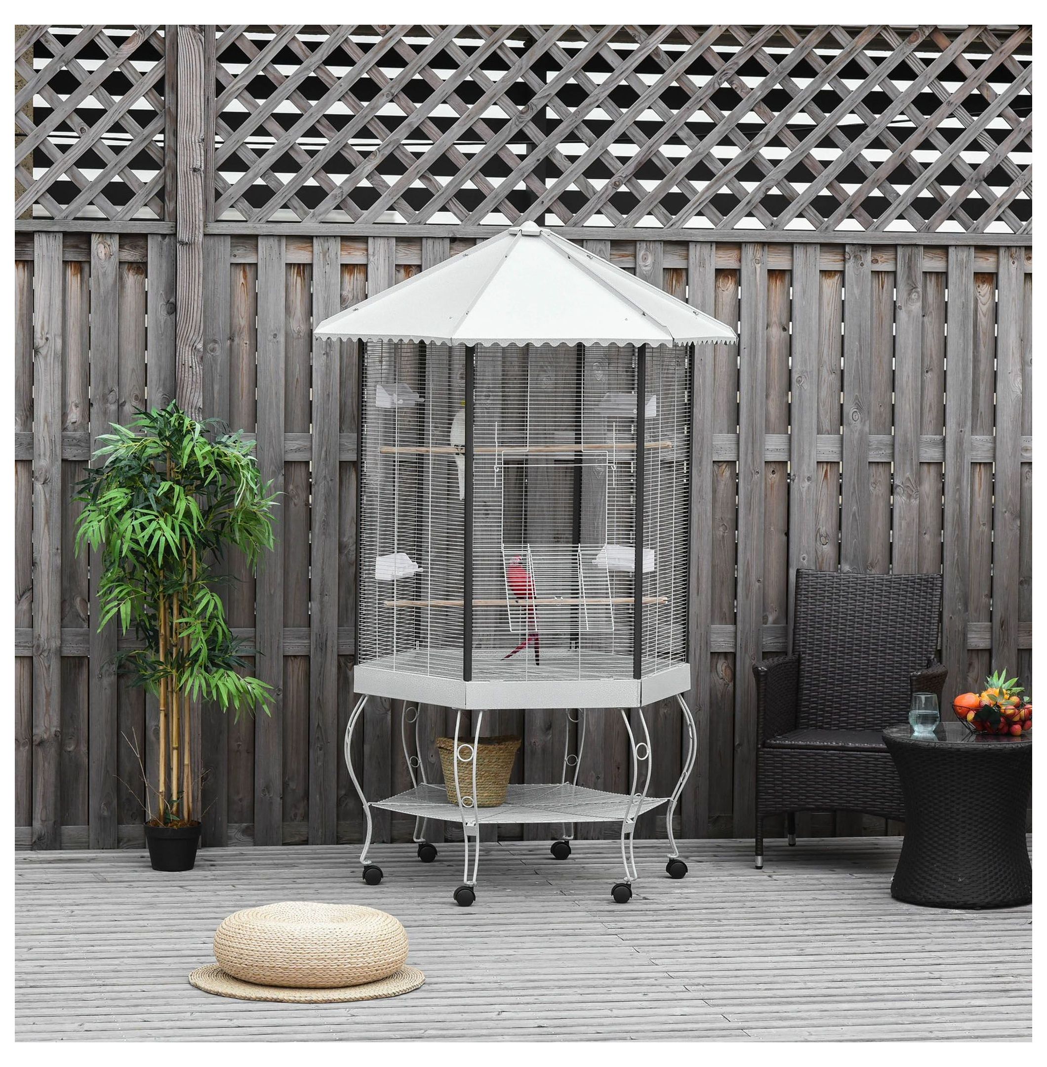 77" Bird Cage, Hexagon Aviary with Canopy & Stand, Portable Bird Cage with Storage, Gray & White