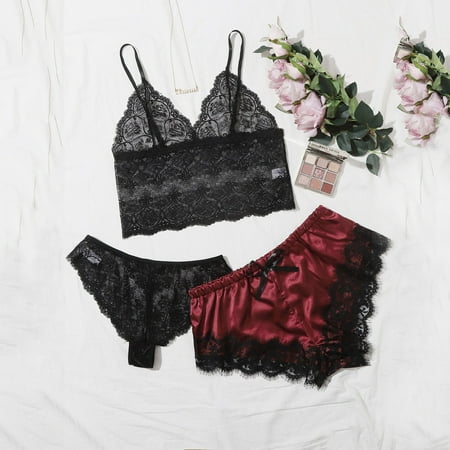

Womens Nightwear Bra and Panty Set Sexy Lingerie Set 3 Piece Babydoll Wine S