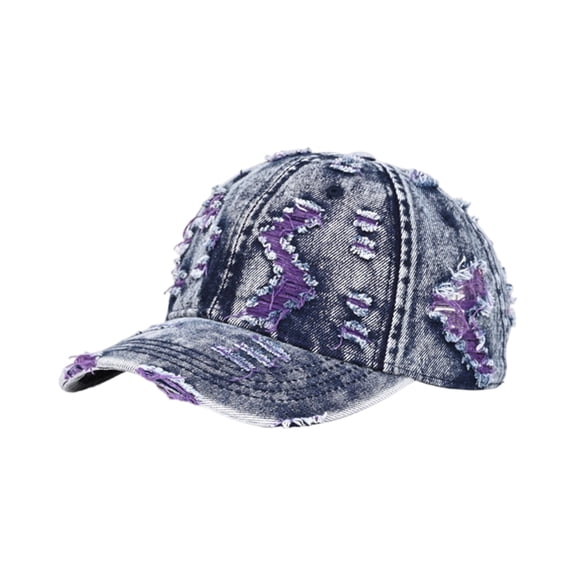 CIENVNSTG Unisex Streetwear Baseball Cap Vintage Distressed Ripped Denim Colorful Frayed Edge Adjustable Curved Brim for Daily Sun Shield Purple