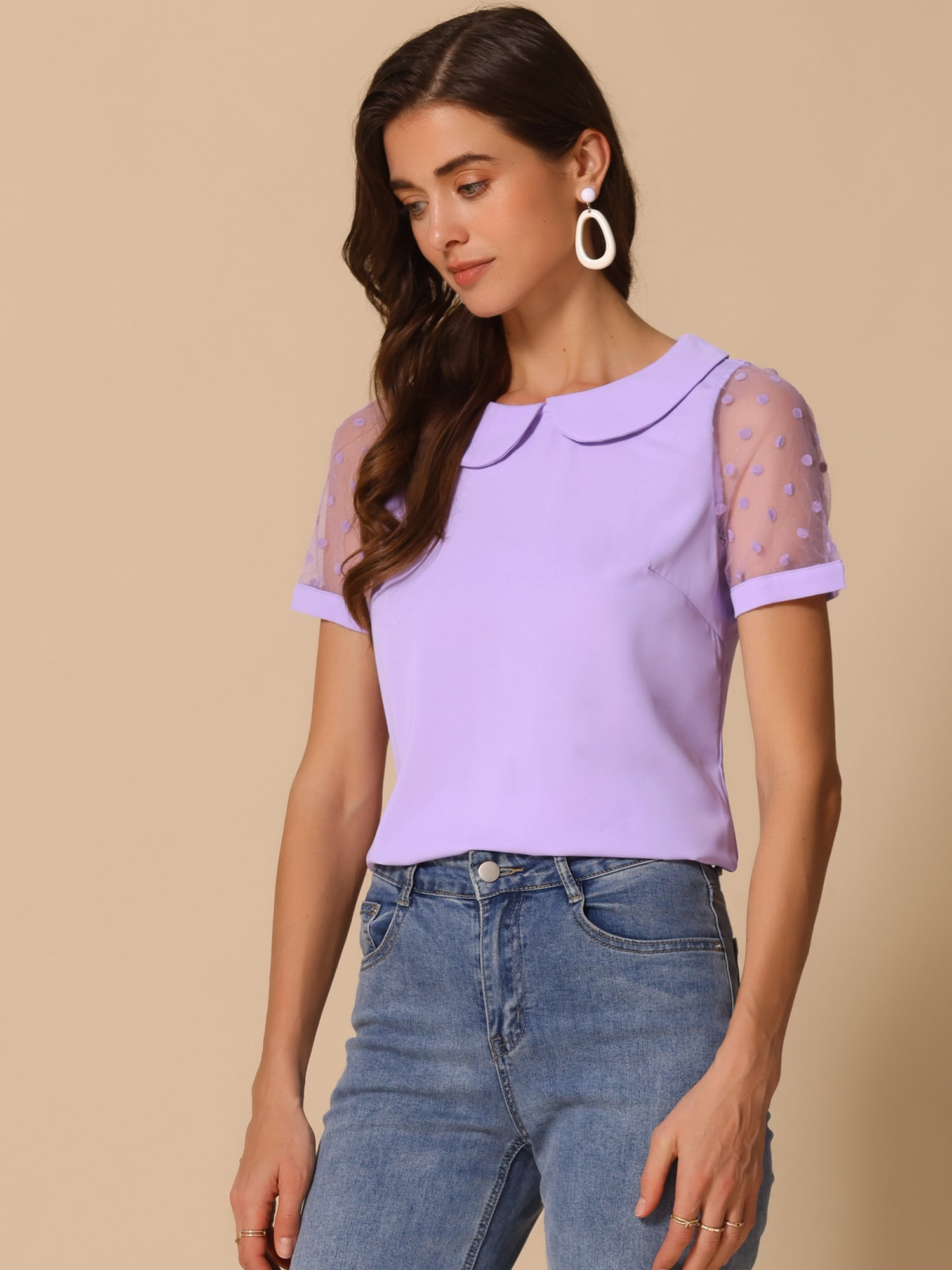 DARING DIVA Women's Polka Dots Mesh Peter Pan Collar Blouse M Purple