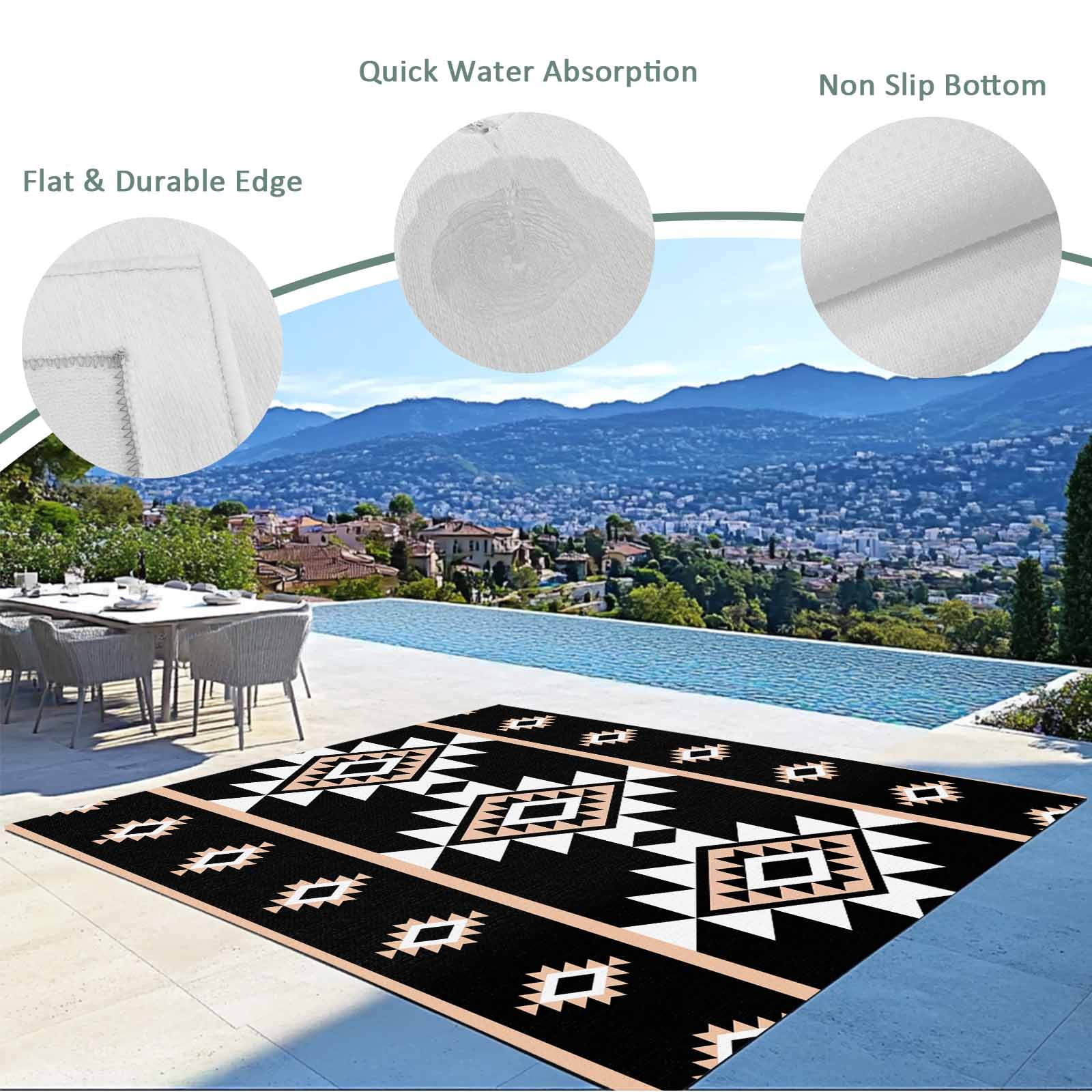 Fsddascl Black White Boho Outdoor Rug for Patio/Deck/Porch, Non-Slip Large Area Rug 4 x 6 Ft, Modern Western Aztec Abstract Geometric Indoor Outdoor Rugs Washable Area Rugs, Camping Rug Carpet