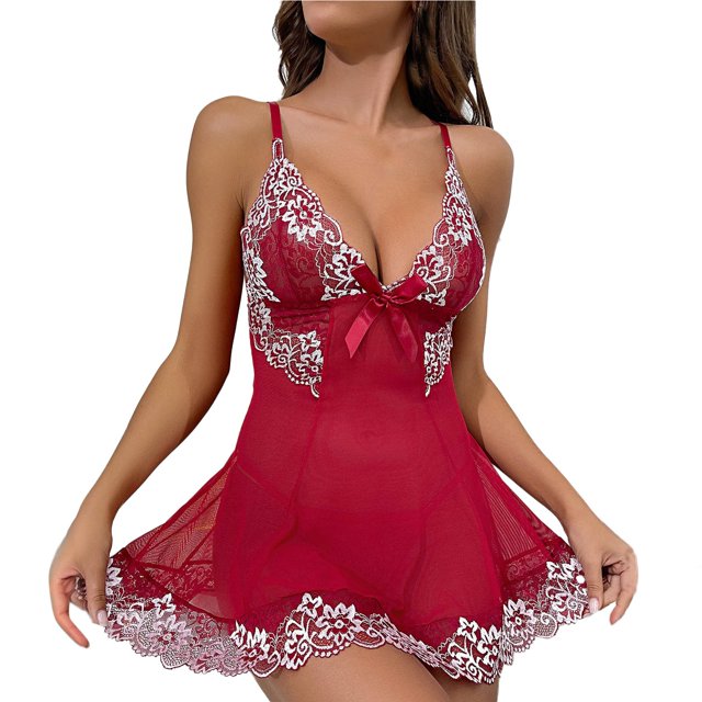 Gibobby Lencería de encaje Día de San Valentín Camisón de encaje en contraste Vestido sexy para dormir con escote en V profundo y espalda descubierta Ropa para dormir par(RD2, CH)