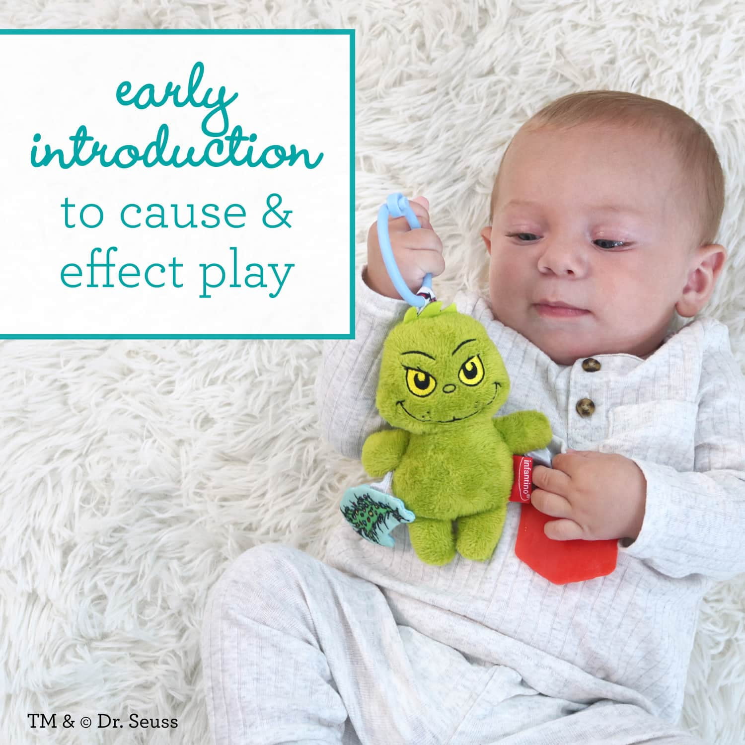 Infantino Chime & Go Tag Along Pal The Grinch, Soft Plush Baby Toy with Teether and Crinkle Tree