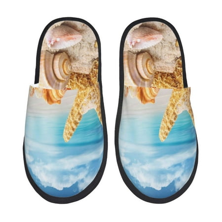 Balery Beach Starfish Shell Slient Indoor Furry Fleece Comfort House Shoes Soft Non-Slip Home Shoes Cotton slippers House Slippers-- Medium