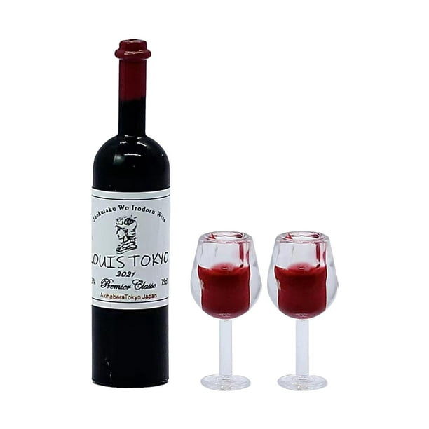 Botellas de vino para casa de muñecas a escala 1/12, vasos, vasos para bebidas, vasos para bebidas de escenas de la vida real Gorra roja