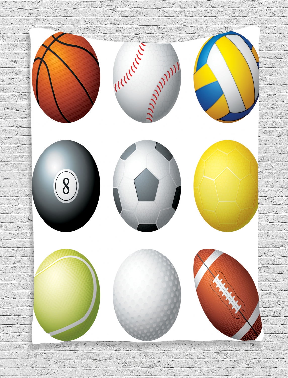 Sports Tapestry, Diversified Sport Balls Objects in Diamond or Circle