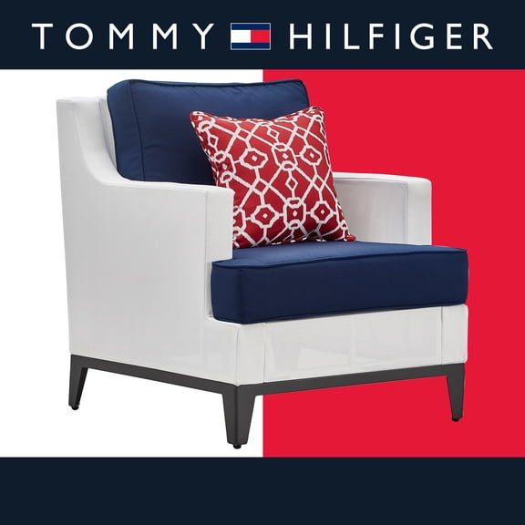 Tommy Hilfiger Hampton Removable Cushion Cover Metal Outdoor Lounge Chairs with Cushion and Accent Pillow White