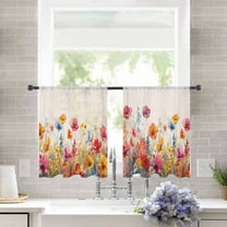 Sheer Curtains 45 inches Long, Red Pink and Yellow Poppy Oil Painting Floral Retro Linen Light Filtering Sheer Window Curtains Rod Pocket Voile Drapes for Bedroom Living Room, 52"W x 45"L 2 Panels