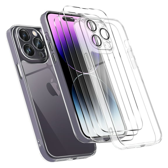 Orzero Phone Case Compatible for iPhone 14 Pro Max 6.7, Built-in Glass Camera Protector, with 3 Pack Glass Screen Protector, Shock Absorption Transparent Durable Protection