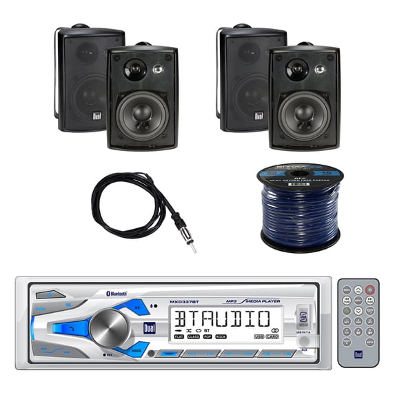 Dual Single-DIN In-Dash Marine Mechless Digital Media AM/FM Receiver with Bluetooth with Dual 3-Way In/Outdoor Speakers 100W 2-Pairs, Enrock Audio Marine 50' 16G Speaker Wire & Enrock Marine Antenna