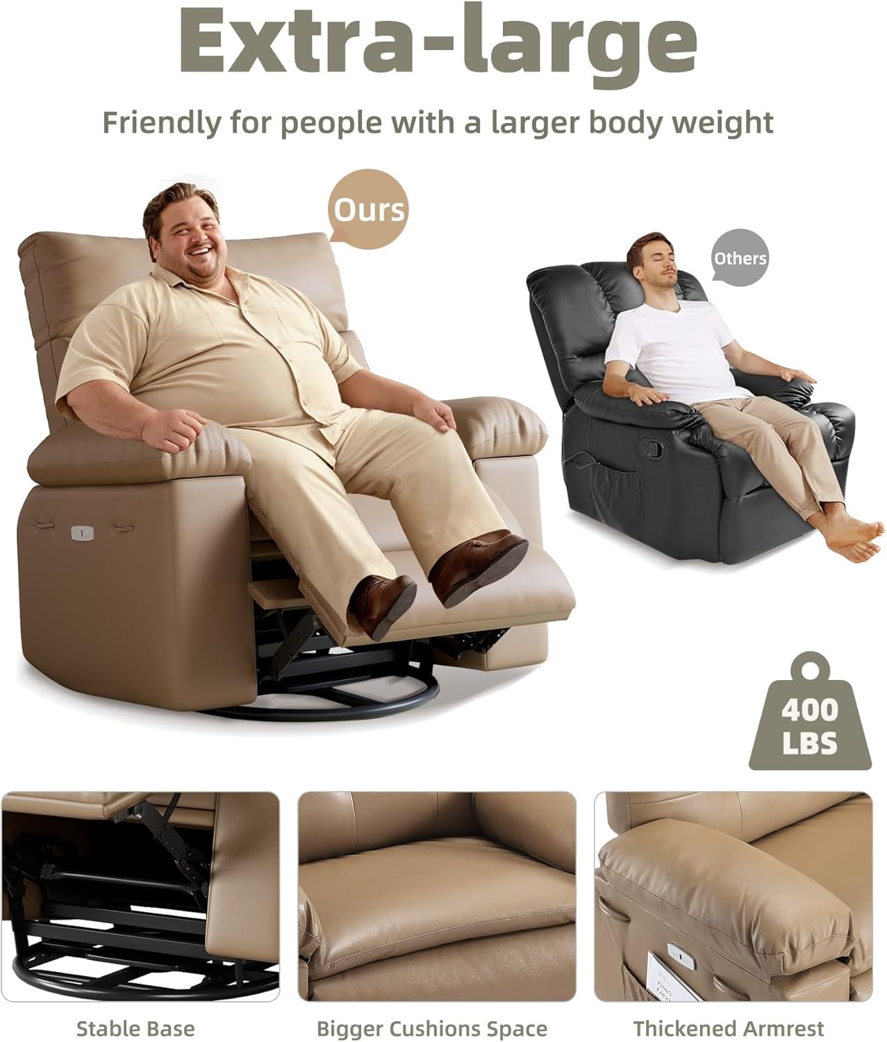 Garvee Oversized Electric Recliner Chair, 27" Width, 360° Rocker Swivel , Heat & Massage, light Yellow