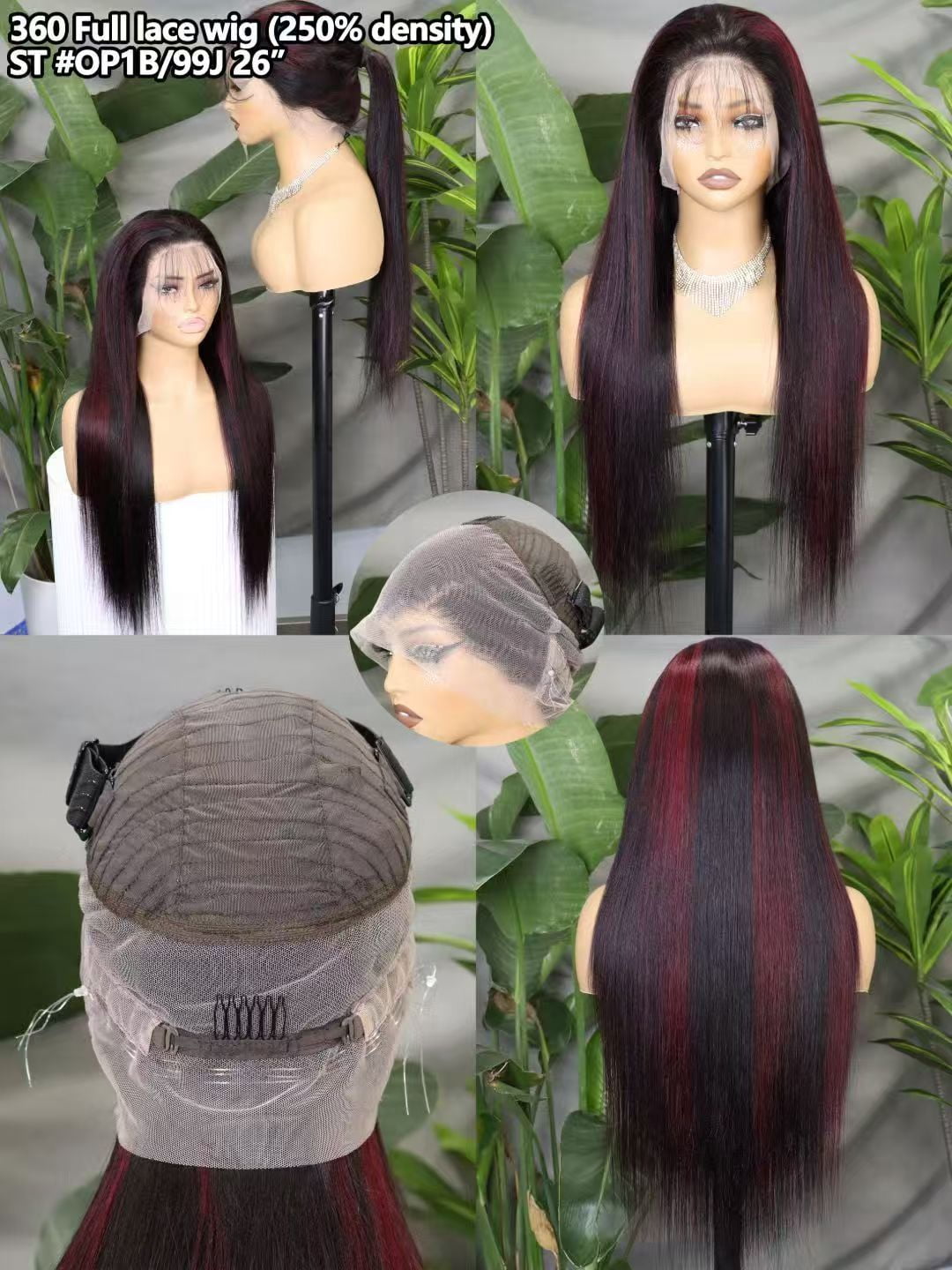 Hidden Strap Straight 360 Full Lace Front Wig Human Hair Glueless Wigs 26inch Pre Plucked 250% Density OP1B/99J  Color Wig With Drawstring HD Full Lace Human Hair Wigs 26Inch