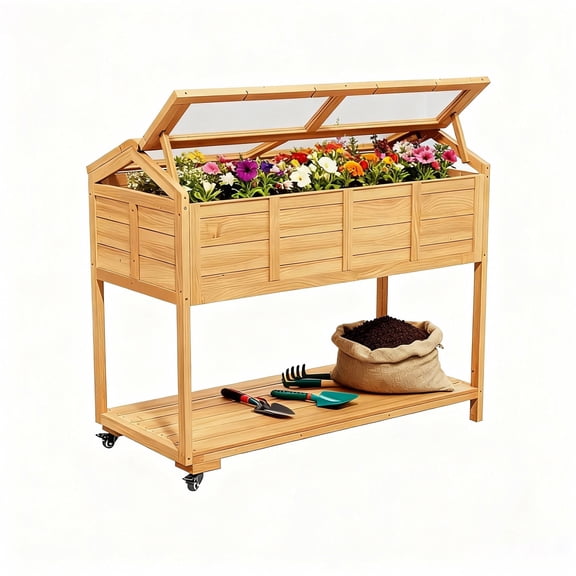Raised Garden Bed with Wheels, Cover & Storage Shelves - Elevated Planter Box