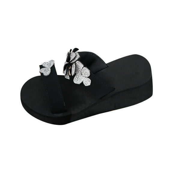 Fesfesfes Women's Wedge Heel Flip Flops Summer Thick Bottom Sandals with Floral Print Non-Slip Sole Comfortable Beach Walking Casual Shoes(Black,US 7.5)