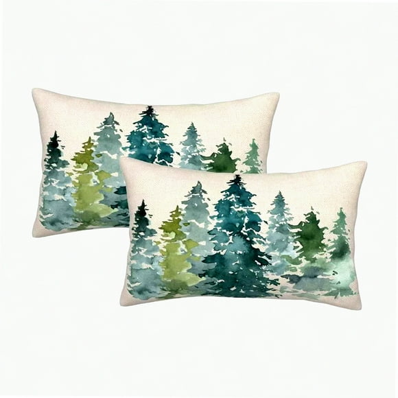 Forest Green Nature Pillowcase Set - Watercolor Tree Decor for Indoor Outdoor Sofa Bedroom Living Room - Rustic Throw Pillow Covers 12 X 20 Inch