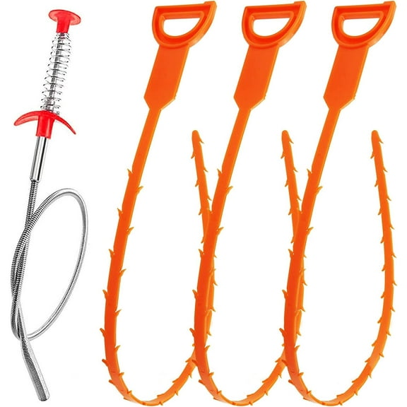 Snake Drain Hair Drain Clog Remover Cleaning Tool Pipe Snake Shower drain with 25 Inch 3 Packs Plastic sink snake & 1 Pack Drain Relief Tool for Kitchen Sink Bath Tub Bathroom(3 1)