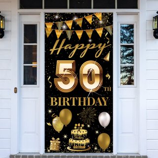 Happy 50th Birthday Party Decoration, Large Fabric Black Gold Sign Poster  for 50th Birthday Photo Booth Backdrop Background Banner, 50th Birthday