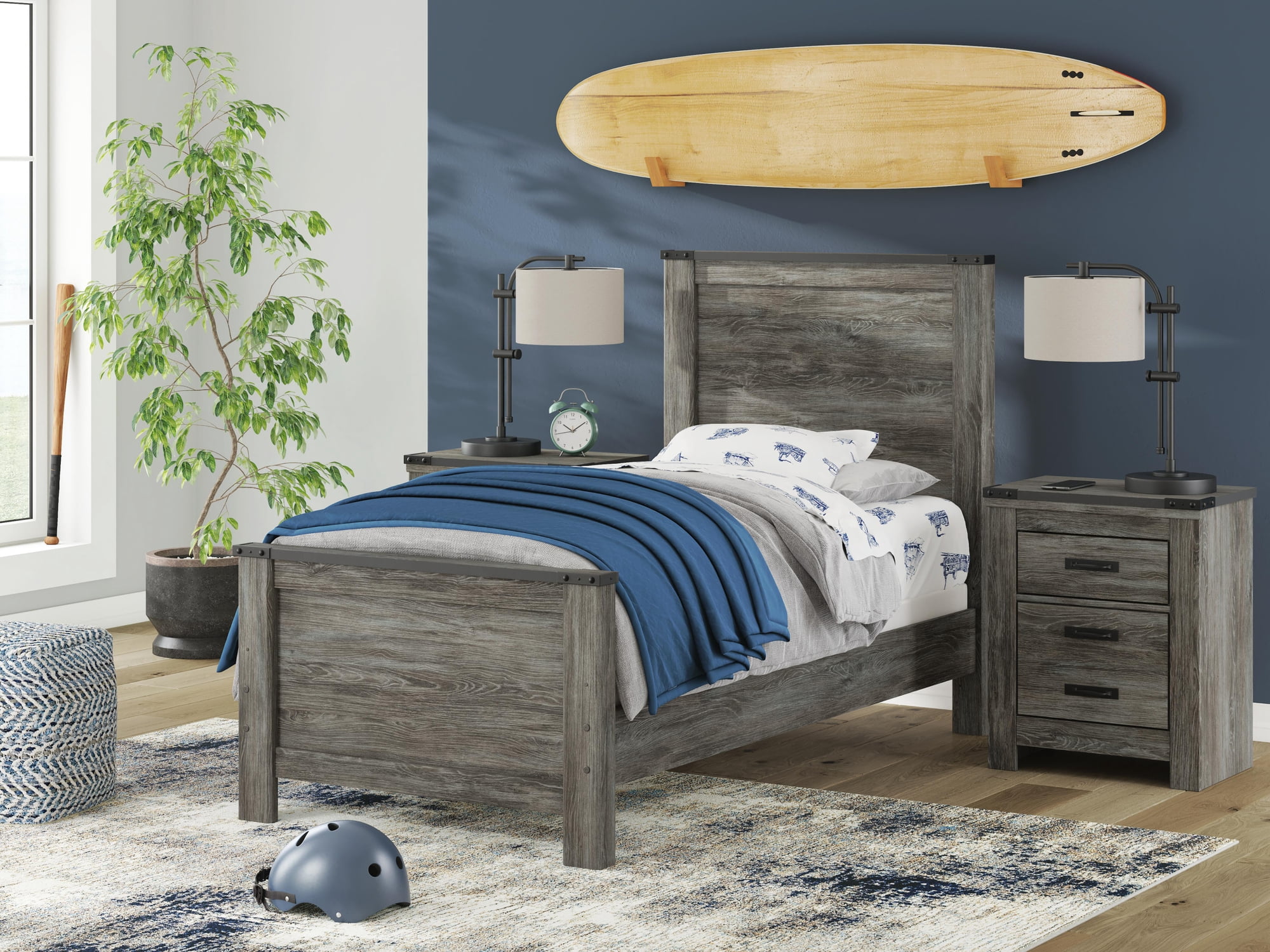 Signature Design by Ashley Frandern Twin Gray Farmhouse Headboard, Rustic Wood-Look Panel with Industrial Accents