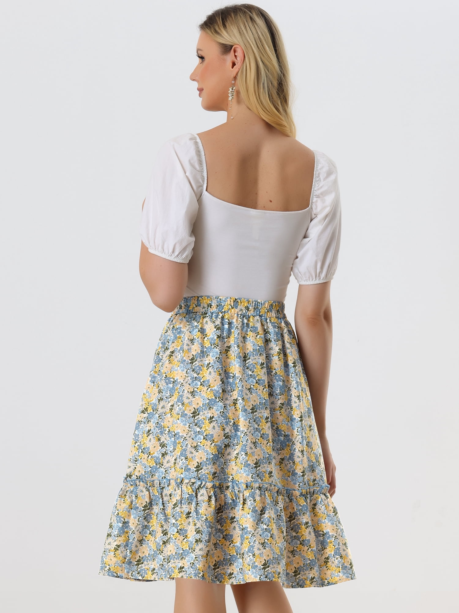 DARING DIVA Women's Flowy Ruffle Hem Tiered Floral Midi Skirt S White Yellow