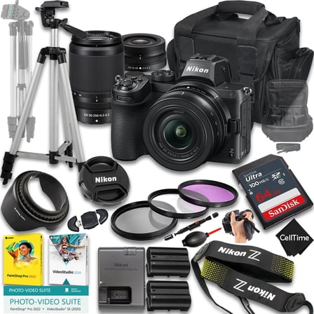 Nikon Z5 Mirrorless Camera with Z DX 16-50mm f/3.5-6.3 VR And 50-250mm f/4.5-6.3 VR Lens   64 GB Memory   Extra Battery   Camera Case   Tripod   More (25pc Bundle)