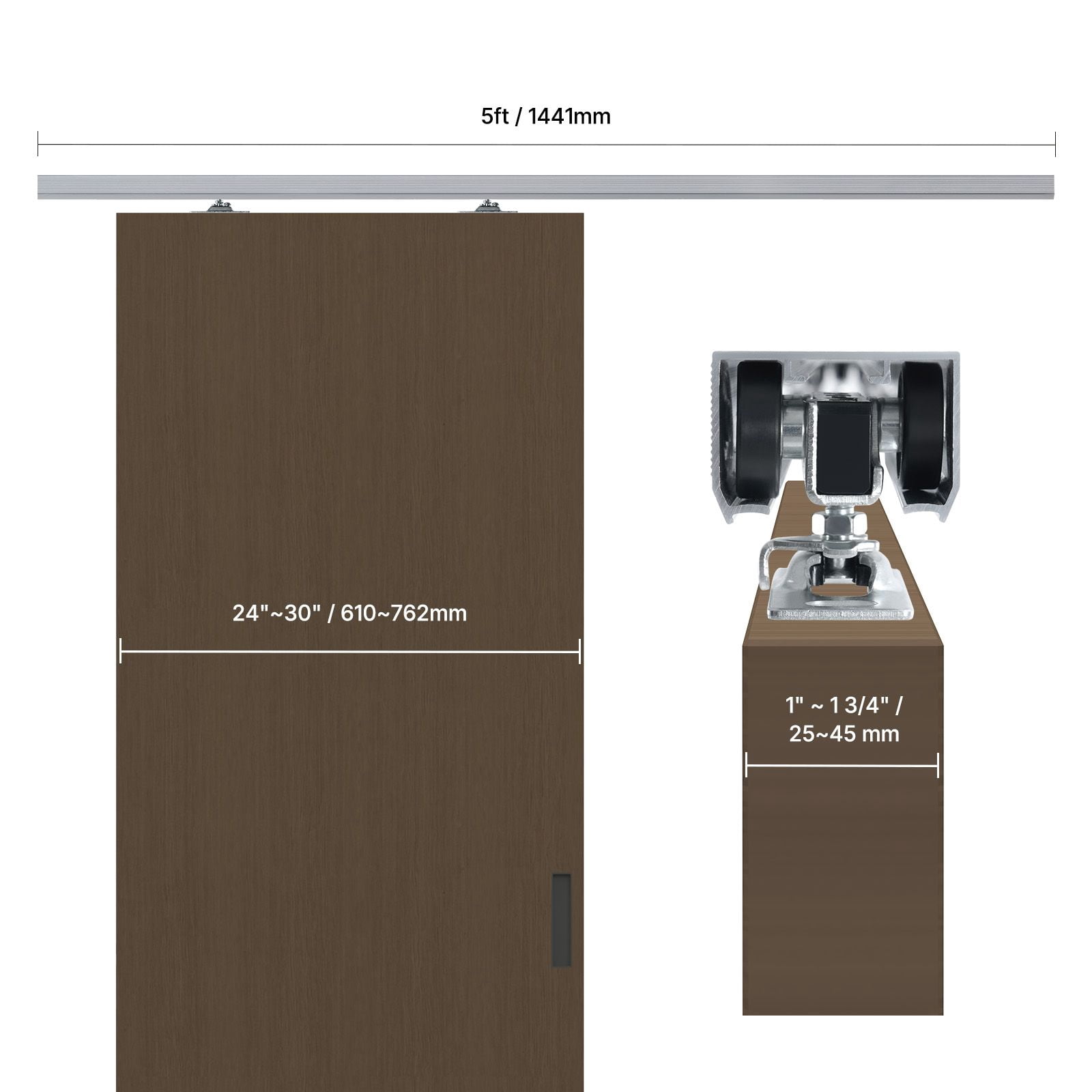 Pocket Door Hardware Kit 5ft Track 220 lbs Capacity Aluminum Alloy Three-Wheel Hanger for 24-30 Inch Doors
