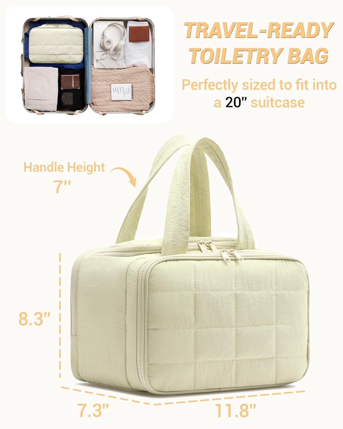 Travel Toiletry Bag, Puffy Wide-open Quilted Makeup Bag for Women,Lightweight Cosmetic Travel Bag Organizer with Handle for Traveling, Accessories, Essentials Toiletries Beige