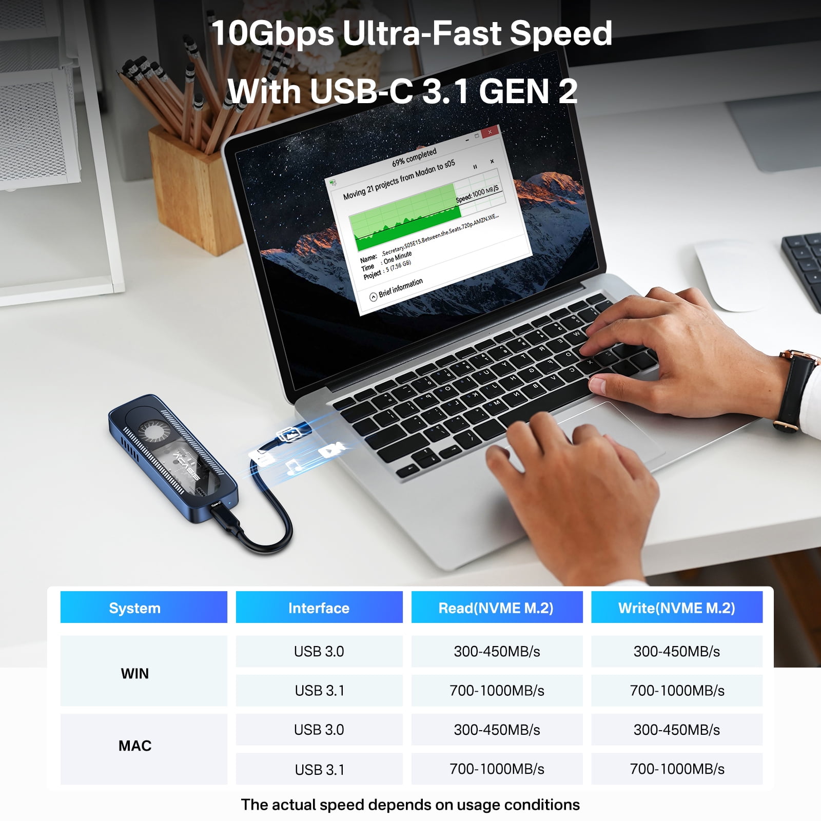 Acasis USB3.1 GEN 2 10Gbps M.2 NVMe/SATA Type-C Tech Style Translucent SSD Enclosure Adapter