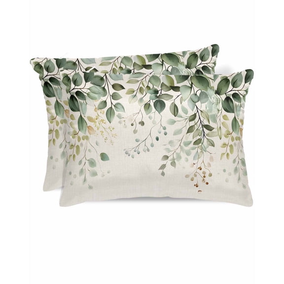 Hokiten Pillow Cases Queen Size Set of 2, Couch Pillow Covers, Sage Green Eucalyptus Satin Pillowcases with Zipper for Hair/Skin, Pillow Protector Cover, Country Leaf Plants Retro Beige 20x30 Inches