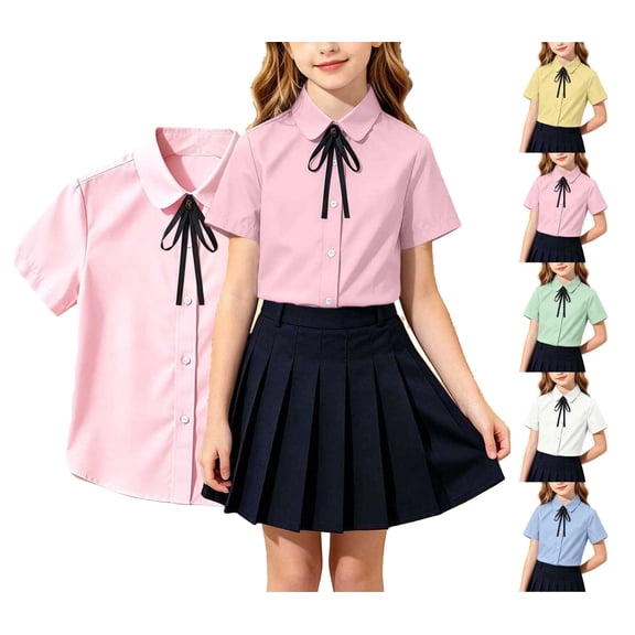 WAVSUF Girls Button Down Shirt, Classic Fit with Tie Short Sleeve Summer Cotton School Uniform Collar Shirts Pink 7-8