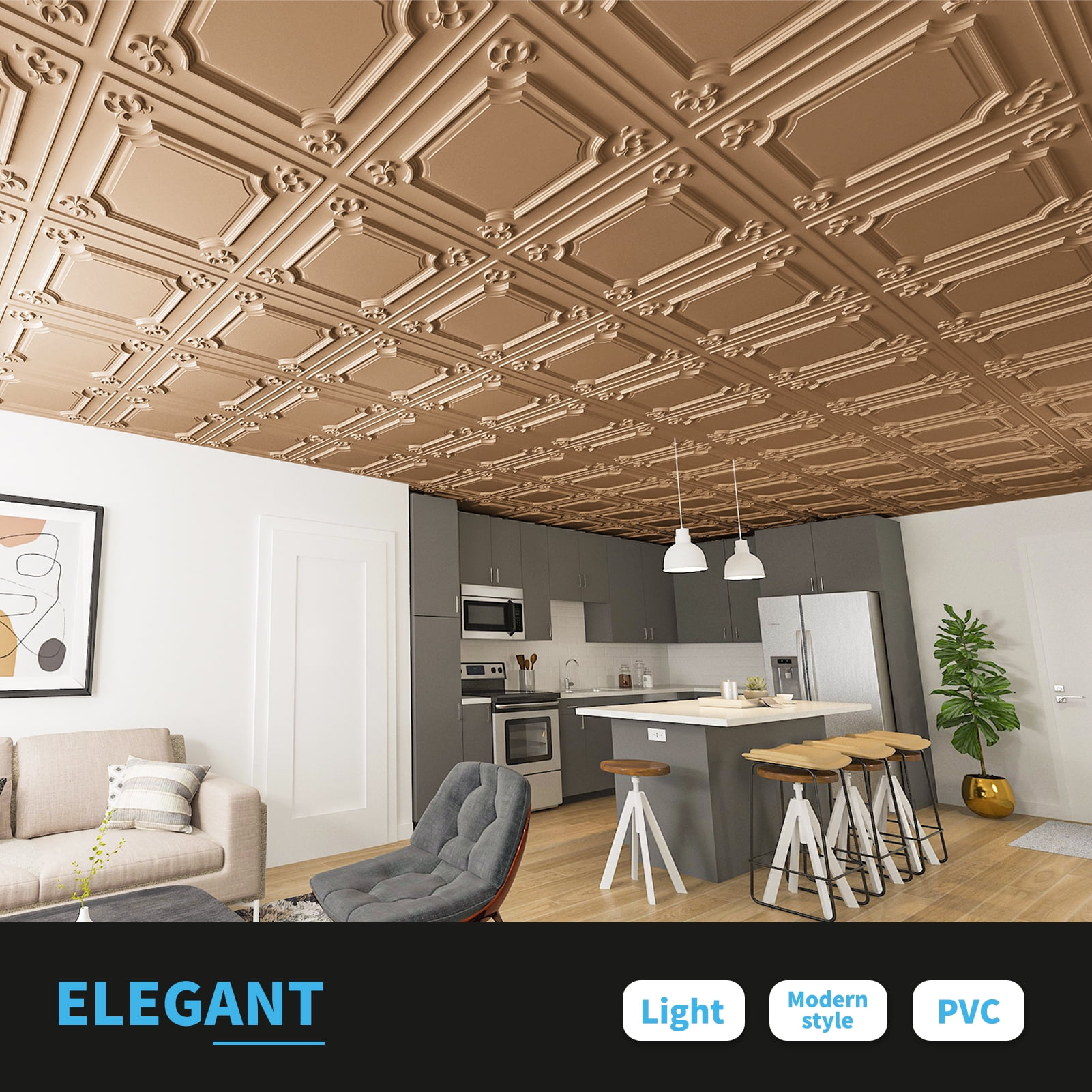 Art3d 3D Wall Panel 2ft. x 2ft. 12Tiles Glue up or Drop in PVC Ceiling Tile in Bronze